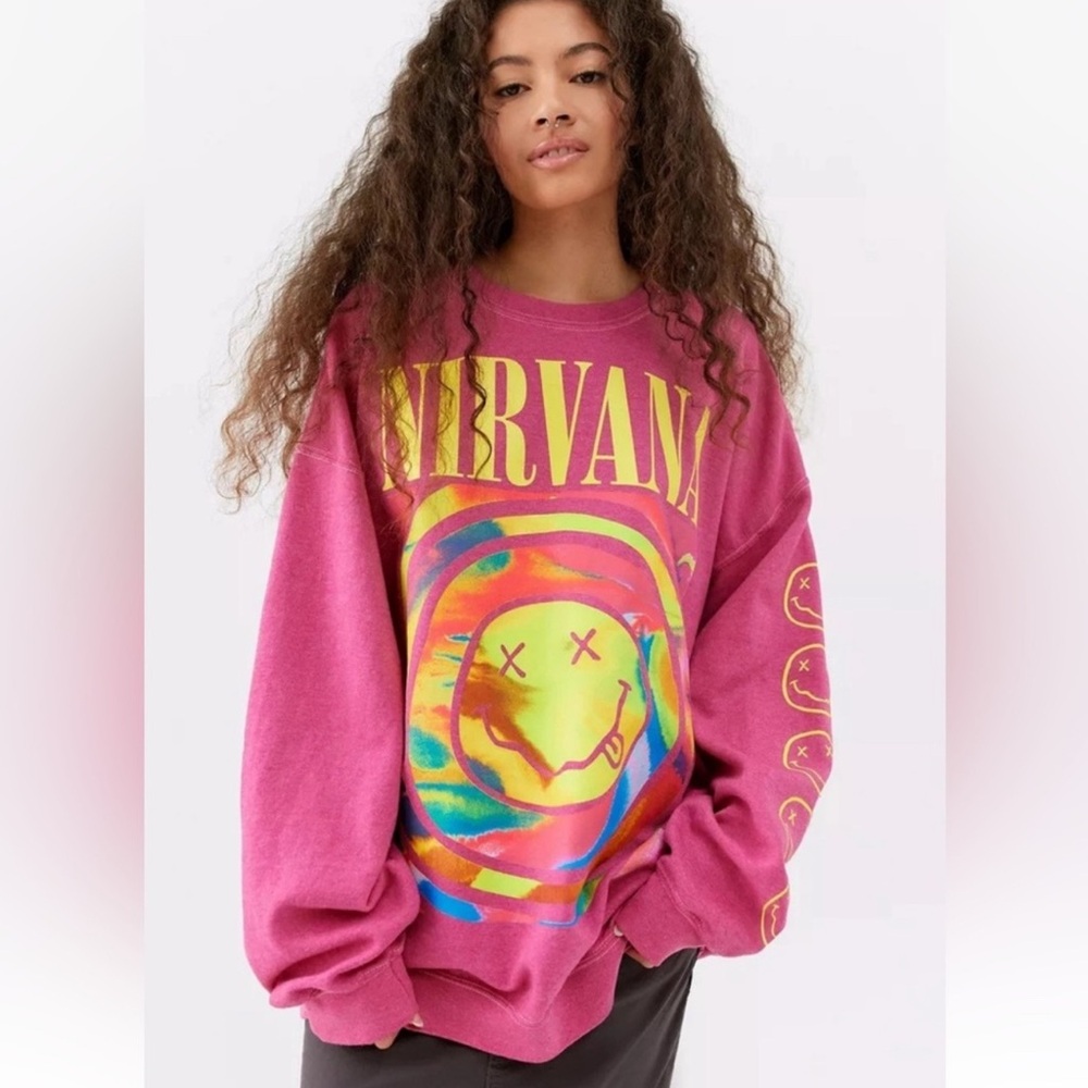 Urban Outfitters X Nirvana Oversized Sweatshirt Pink Spiral Smile Crewneck